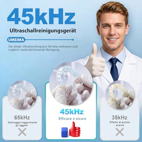 Pulitore ultrasuoni, 45000Hz con 6 luci UV, ultrasonic cleaner ricaricabile con 4 modalità. Per retenitori, protesi, brackets, allineatori, impianti e gioielli in argento