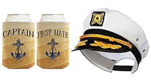 Captain Hat Yacht Cap Funny Beer Coolie Captain and First Mate Can Coolie Bundle Sand