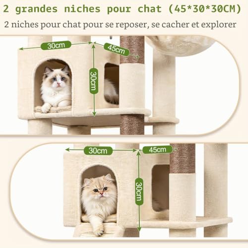 Globlazer Beige XXL Cat Tree Corner for Large Cats 204 cm with 2 Large Kennels 45 x 30 x 30 cm, Huge Platform, Sisal Board, Basket, Stable Cat Trees Indoor Rest Scratching Playing (C80, Beige)