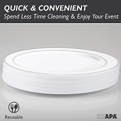 image for Ilyapa 50 Premium Silver Rim Plastic Plates for Dinner Party or Weddin