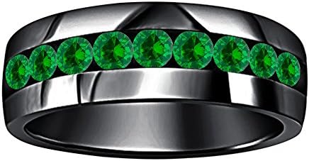 tusakha 14k Black Gold Plated Round Cut Created Green Emerald 9-Stone Men's Wedding Band Anniversary Ring
