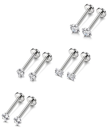 FUNRUN JEWELRY 4 Pairs 16G Stainless Steel Monroe Lip Rings Nose Studs Body Jewelry Piercing 3mm CZ 6mm - Thumbnail 2