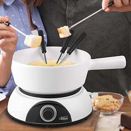 Artestia Electric Ceramic Fondue Set with 6 Fondue Forks (Pearl Color Base/White Ceramic Pot