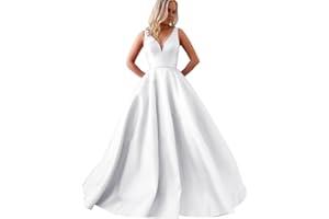 RJER Satin A Line Wedding Dresses V Neck Prom Dresses with Pockets Simple Long Ball Gowns for Women
