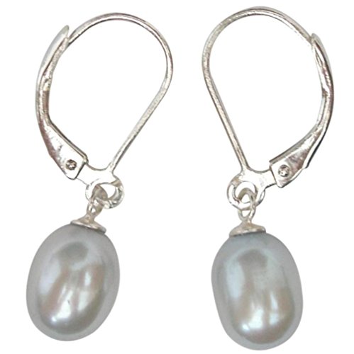 Dainty grey 7-8mm cultured pearl sterling silver leverback earrin…