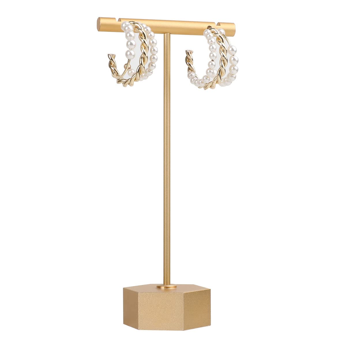 GemeShou Gold Metal Earring T Bar Stand, Single small earring hanger display, Retail earring holder for show, Jewelry earring organizer for Online store Photography【Gold-Hexagon-Height 13.5cm】