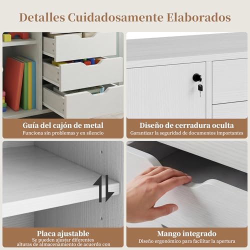 Simple Wisdom Archivero Organizador con 5 Cajones,Archivero con Llave de Oficina con Estantes Ajustables y Ruedas,Soporte para Impresora para Oficina en Casa(Blanco)