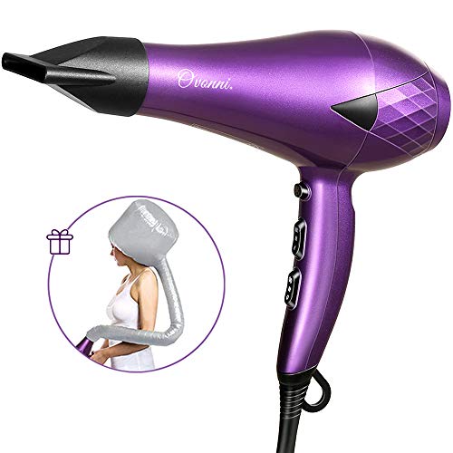 Ovonni Ionic Blow Dryer with Bonnet Hood, Pro 1875W Negative Ion Ceramic Tourmaline AC Moter Hair Dryer, 2 Speed/3 Heat Settings Cool Shot Long Life Styler Dryer with Concentrator/Nozzle (Purple)
