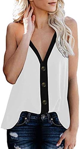 AM Clearance Womens V Neck Tank Tops Loose Casual Sleeveless Button Down Color Block Shirts Beige
