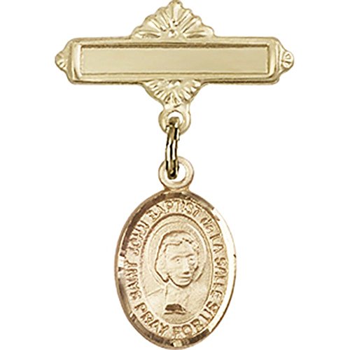 Gold Filled Baby Badge with St. John Baptist de la Salle Charm and Polished Badge Pin 1 X 5/8 inches
