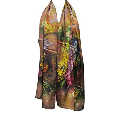 Wrapables Luxurious 100% Charmeuse Silk Floral Painting Long Scarf with Hand Rolled Edges, Peonies in Bloom