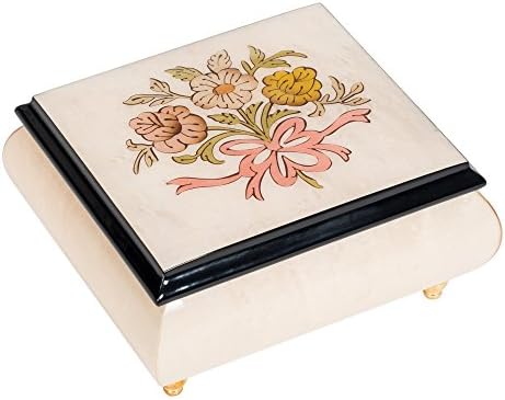 Floral White Italian Hand Crafted Inlaid Wood Jewelry Music Box Plays Canon in D