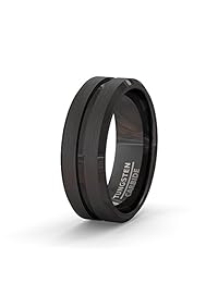 Anillo de bandas de boda de tungsteno negro pulido para hombre con ranura central y bordes biselados