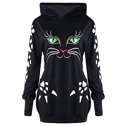 Sanyyanlsy Fall Winter Women's Cat Ear Hoodie Sweatshirt Black Long Sleeve Cat Paw Print Slim T-Shirt Tops with Pocket - Thumbnail 7