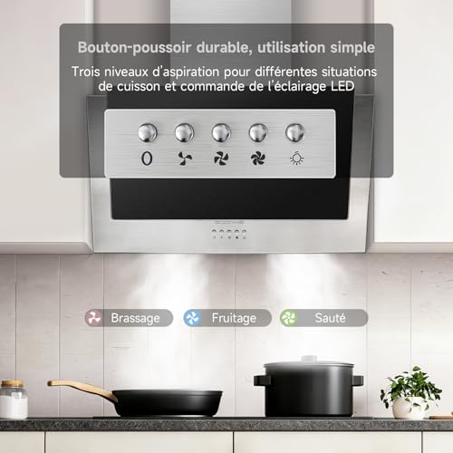 Soonye Inclined Extractor Hood 60 cm Class A+++, Kitchen Hood 370m³/h, Black Frosted Glass, Charcoal Filters Included, Wall Hood for Evacuation or Recycling