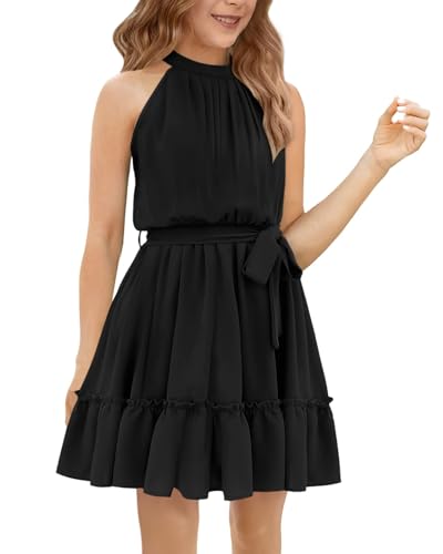 Halomoning Girl's Dress Sleeveless Simple Classic Casual Knee Length for Children Summer Princess Party Wedding Tie Waist A-Line