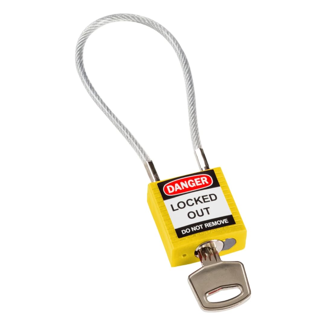 Brady Compact Cable Padlock - Lockout Tagout Security Lock - Safety Padlock with Nylon Body and Sheathed Steel Cable - Keyed Differently - 32mm x 35mm x 16mm - Cable Length 200mm, Yellow — image 1