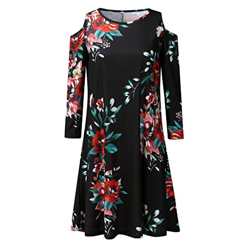 Witspace Women Casual Boho Floral Print Dress Cold Shoulder Long Sleeve Pocket Mini Dress