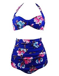 COCOSHIP Retro 50s Black Blue Floral Vintage Bikini de cintura alta Traje de baño Carnival (FBA)