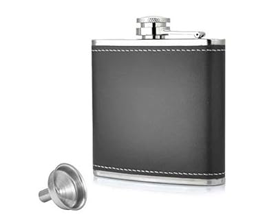 Menzy Leather Wrapped Stainless Steel Hip Flask for Men and Women with Funnel - Liquor Or Alcohol Drinks Wine Whisky Vodka Flasks/Bottles - 7 Oz (210 Ml, Black)