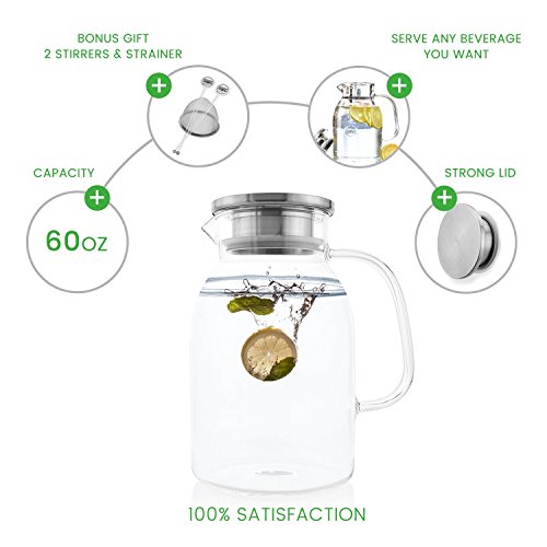 Glass Pitcher With Lid By Golden Spoon: Durable Glass Carafe With Airtight Cap - Microwave And Freezer Safe Borosilicate Glass For Hot And Cold Liquids - Comes With 2 Stirrers And A Strainer (60 oz)