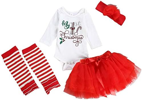 Ttkgyoe My 1st Christmas Baby Girl Outfits Long Sleeve Romper +Chiffon Tutu Skirt+ Stripe Leg Warmer +Headband 4PCS Newborn Clothes Set