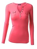 Doublju Womens Long Sleeve Fitted Deep V-Neck Henley T-Shirt