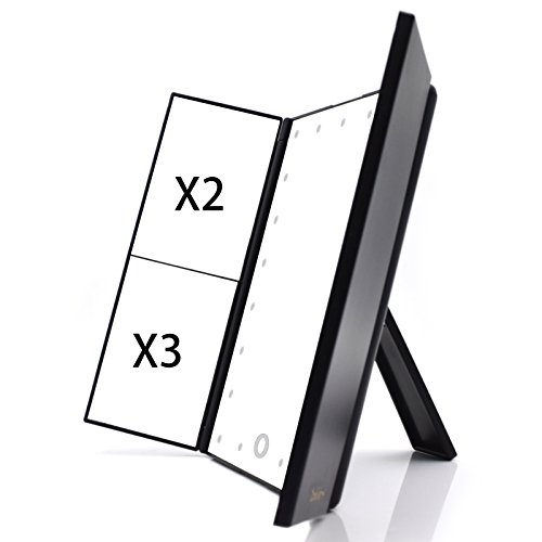 Dolovemk X2/X3 Magnifying LED Mirror Dimmable With 22 LED Lights Cosmetic Illuminated Tri-Fold w/ Stand Travel Mirror Compact Mirror, 715g, 23.5cm17.5cm (Open: 35cm23.5cm)