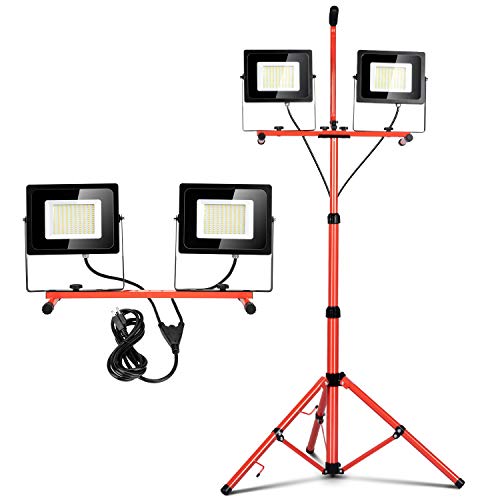 LED Work Light with Tripod Stand Dual Head Portable Tripod Stand Detachable Telescopic 10000 Lumens 5000K IP65 Waterproof for Outdoor and Indoor