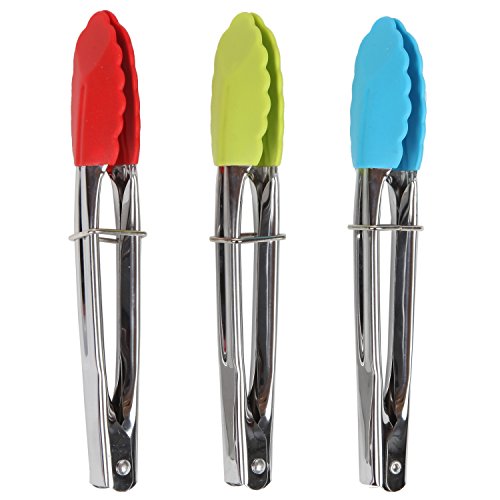 Trenton Gifts Set of 3 Stainless Steel Food Tongs, Mini Tongs with Silicone Tips for BBQ, Salad, Grilling, Frying and Cooking. Red, Green and Blue