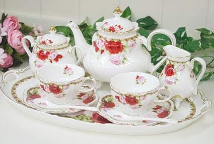 Amazon 豪華 ティーセット 薔薇 陶器 食器 2客 2人用 食器 おしゃれ ティーポット ティータイム 脚付 輸入食器 贈り物 ギフト ノーブランド品 ティーポット