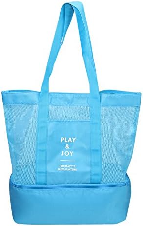 Mesh Beach Bag, Phroboxl Large Mesh Beach / Shopping ToteBags with Bottom Cooler Bag for Beach, Pool, Picnic Even Theme Parks (Blue)