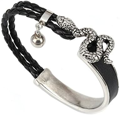 Aprilsky Jewelry Genuine Leather Bracelet,with Personalized Stainless Steel Snake and Black Braided Leather Bracelet