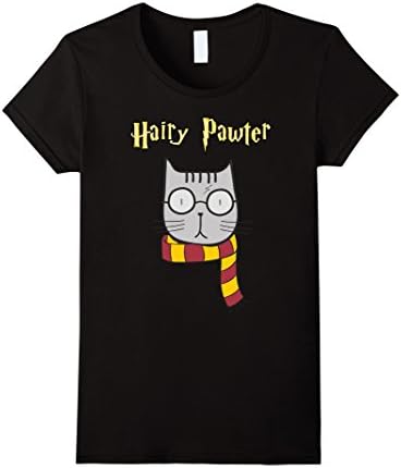 Women's Hairy Pawter Funny T-Shirt Cute Magic Cat With Glasses Gift XL Black