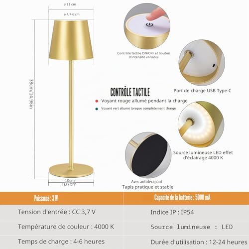 Lot de 2 lampes de table LED à intensité variable, sans fil, rechargeables, couleur de lumière chaude 3000 K, pour l'intérieur et l'extérieur, avec USB-C, aluminium, étanchéité IP54 (Or)