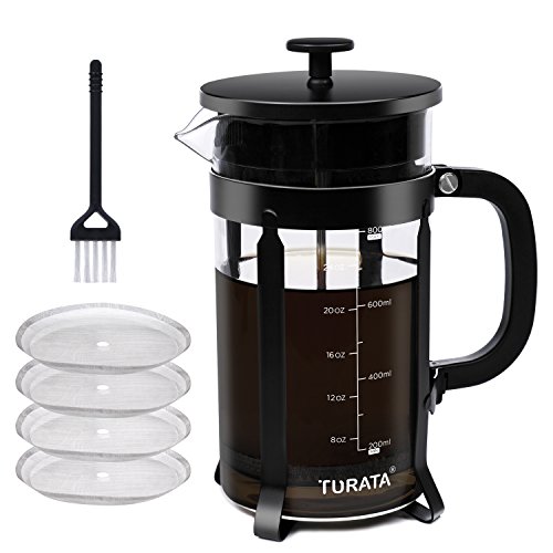 Click Here to See More Images French Press Coffee Maker TURATA French Press Kit Machine 4 Stainless Steel Filter with Scale Line and Brush Best Gift 8 Cup 34 Oz (1L)
