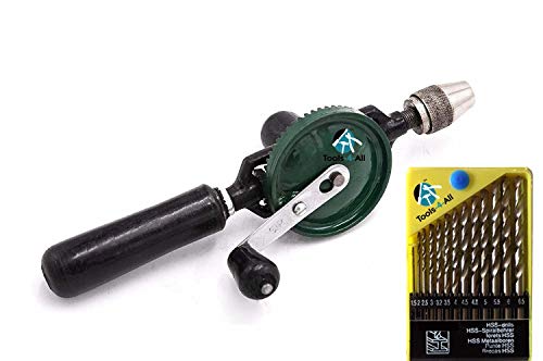 AASONS Manual Hand Drill Machine 1/4-inch with 13 Pieces HSS Drill Set for Soft Metal, Wood, Plastic, etc
