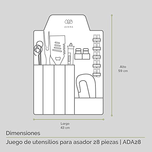 AVERA Utensilios para Asador 28 Piezas Acero Inoxidable, Incluye Mandil, Asadores, BBQ, Carne Asada, Accesorios Asador, Kit Asador, Kit Parrillero, ADA28