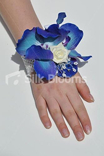 Amazon Com Silk Blooms Ltd White Rose Royal Blue Vanda Orchid Wedding Wrist Corsage Kitchen Dining