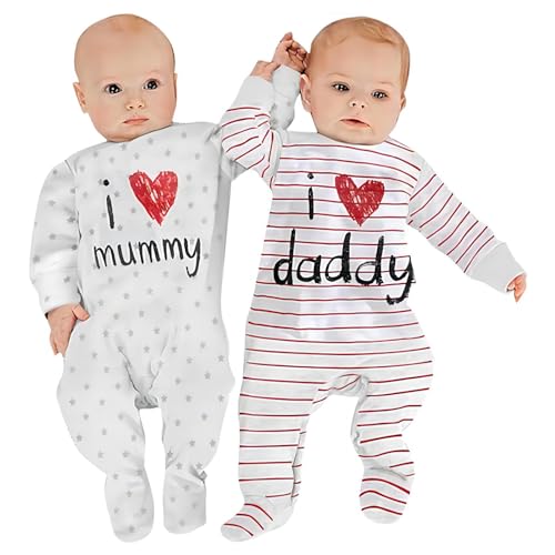 aomomo 2-Pack Baby Clothes Newborn Bodysuits I Love Daddy &Mummy Romper, Cotton Footed Pajamas for Baby Boys and Girls