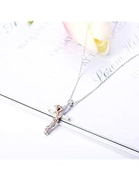 Milacolato 925 Sterling Silver Cross Necklace For Women Rose Flower Pendant Platinum Rose Gold Plated Religious Jewelry Prime Mother Girlfriend Gifts