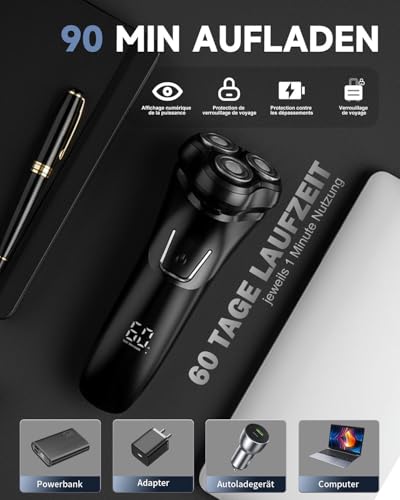 Men's Electric Shaver with LCD Display, IPX7 Waterproof for Wet and Dry Shaving, 4D Floating Head, 120 Min Battery Life, Rechargeable Shaver with Travel Lock, Ideal for Sensitive Skin (Black)