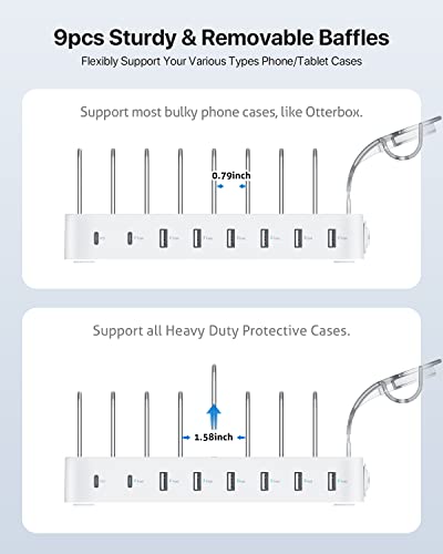 SooPii 8-Port USB-C Charging Station for Multiple Devices, with 1 PD 20W Port Supports Fast Charging, 8pcs Mixed Charging Cables and 1pcs Upgraded Holder for lWatch Charger & Air-Pods, White
