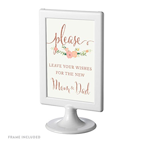 Andaz Press Framed Baby Shower Party Signs, Faux Rose Gold Glitter with Pink Peach Florals, 4x6-inch, Please Leave Your Wishes for the New Mom & Dad Sign, 1-Pack, Colored Party Supplies Decorations