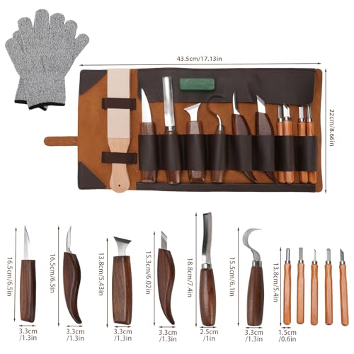 Wood Scissors, 15 in 1 Wood Carving Tools, Wood Tools with 5 Wood Carving Knife, Professional/Junior Wood Scissors Tool DIY Kit with Anti-Cut Gloves