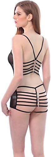 VOTEKI Sexy Lingerie Underwear Teddy Deep V Halter Lace Bodysuit Strappy Back Mesh Babydoll Ceinture Anchor Suit Transparent ChemisevBabydoll with G-String (M, Black)