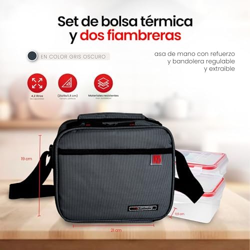 Saco de Comida Térmica 4,2 L - Saco Térmico Conjunto com 2 Recipientes Herméticos de 0,6 L e 0,8 L, Lancheira de Parede Extra Espessa com Efeito Frigorífico, Lancheiras de Trabalho, Camping, Cinzento