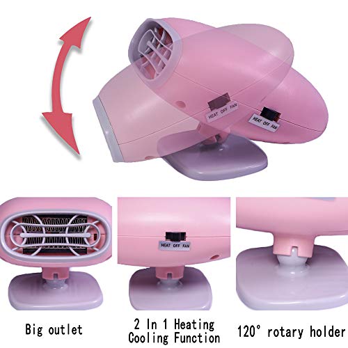 Portable Car Heater Fan Defroster with Air Purification 12V 150W Auto Car 30 Seconds Fast Heating Defrost Defogger Demister Vehicle Ceramic Heater Fan for Windshield (Pink)
