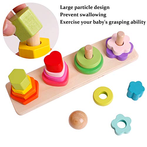 Wooden Four Column Tower Rainbow Stacker Stacking Ring Game Toddler