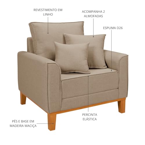 Poltrona Decorativa Beny Fixa Living Linho Para Sala Cadeira Recepção Escritório Base de Madeira (Bege)